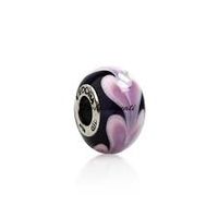 Smoked Murano glass charm with purple hearts