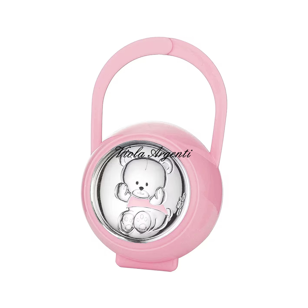 Pink Valenti dummy holder with teddy bear