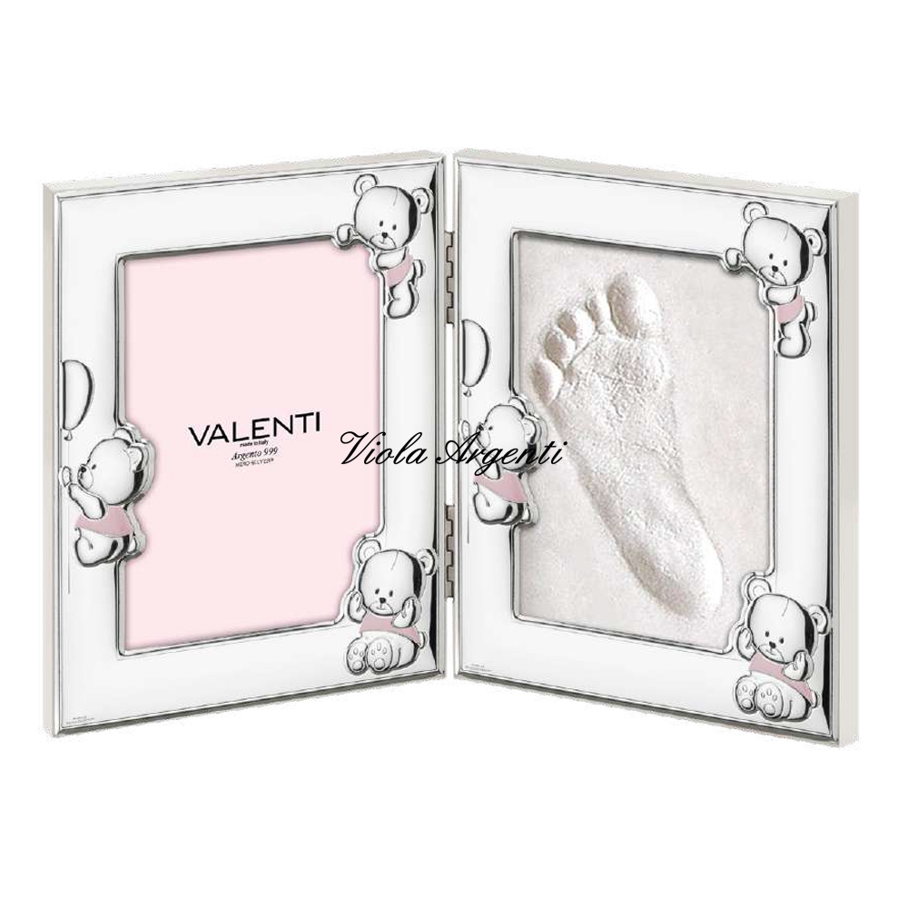 Valenti double frame with pink teddy bears and footprint