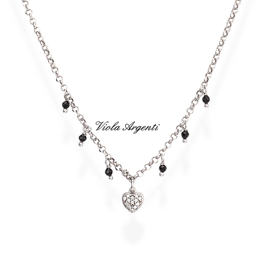 Silver necklace with heart charm in black crystals and white zircons di . Argento online