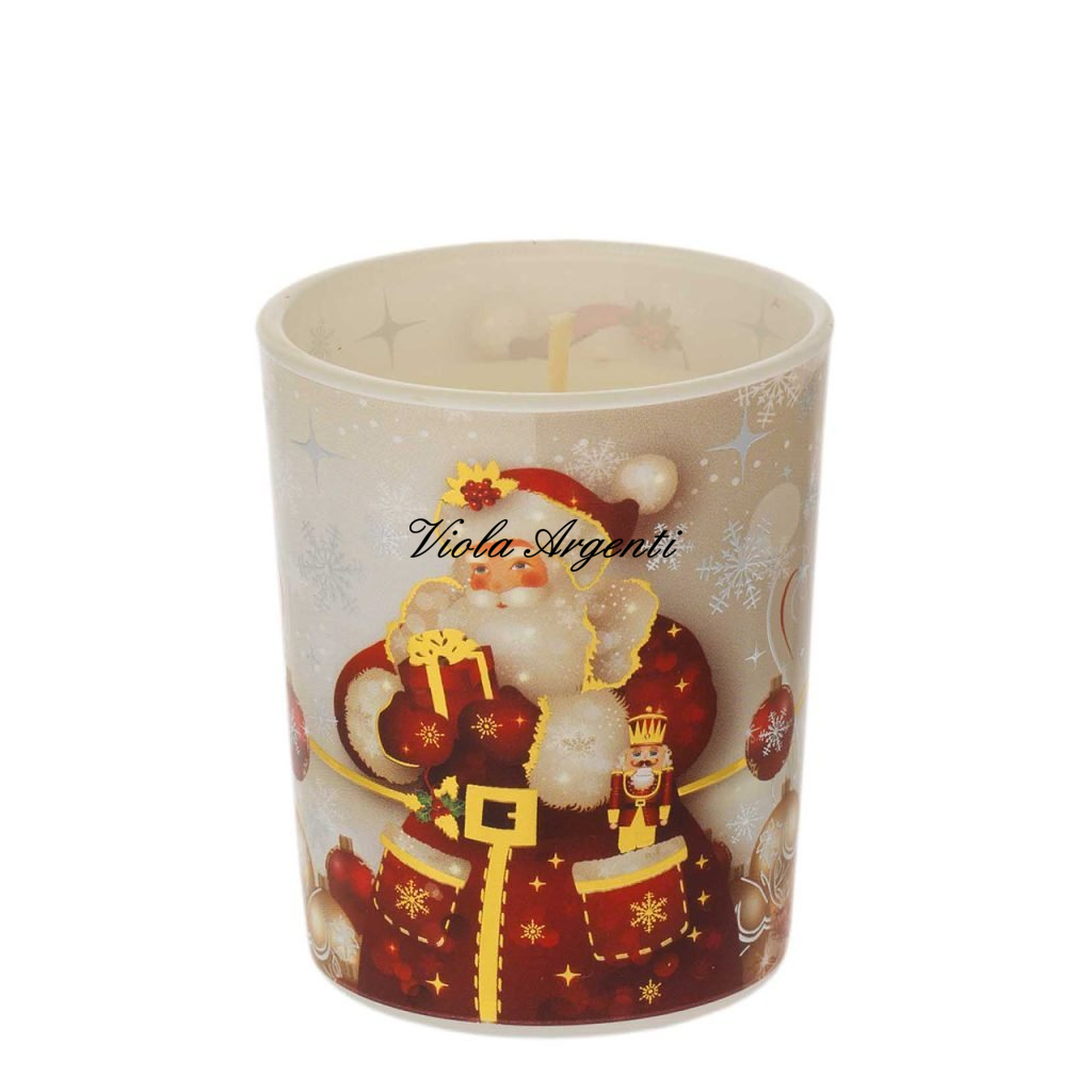 Christmas Candle in Decorated Glass – White Santa Claus