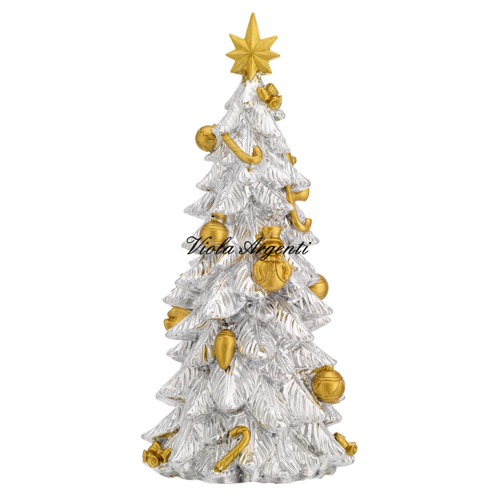 Scultura Albero di Natale in Resina Argentata con Decorazioni Oro Satinato e Carillon