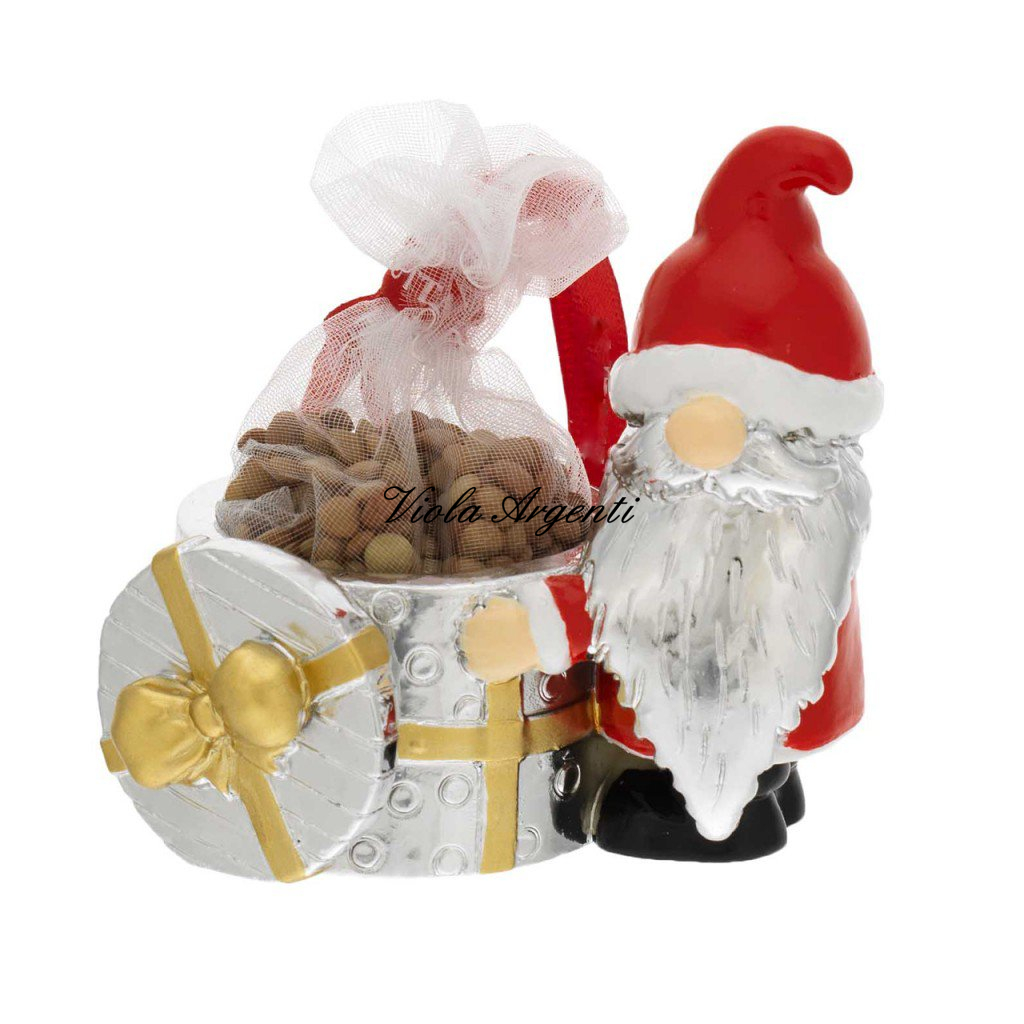 Santa Claus Sculpture with Gift Package and Lucky Lentil Bag – Silver Resin and Red Enamel
