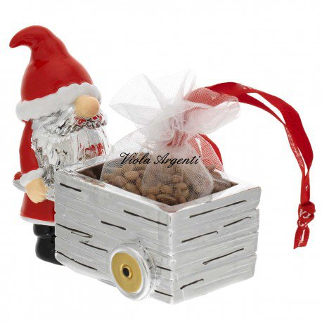 Santa Claus Sculpture with Cart and Lucky Lentil Bag – Silver Resin and Red Enamel
