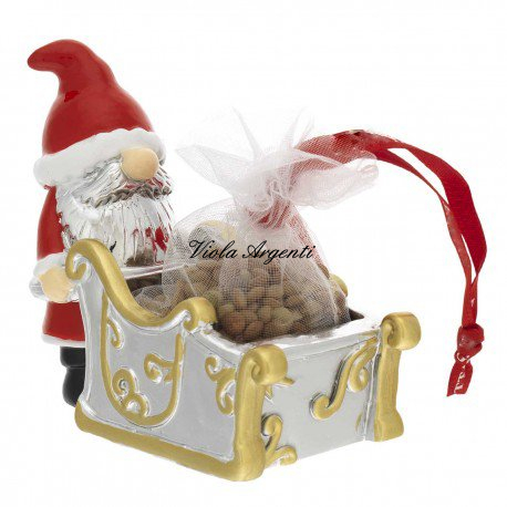 Santa Claus Sculpture with Sleigh and Lucky Lentil Bag – Silver Resin and Red Enamel