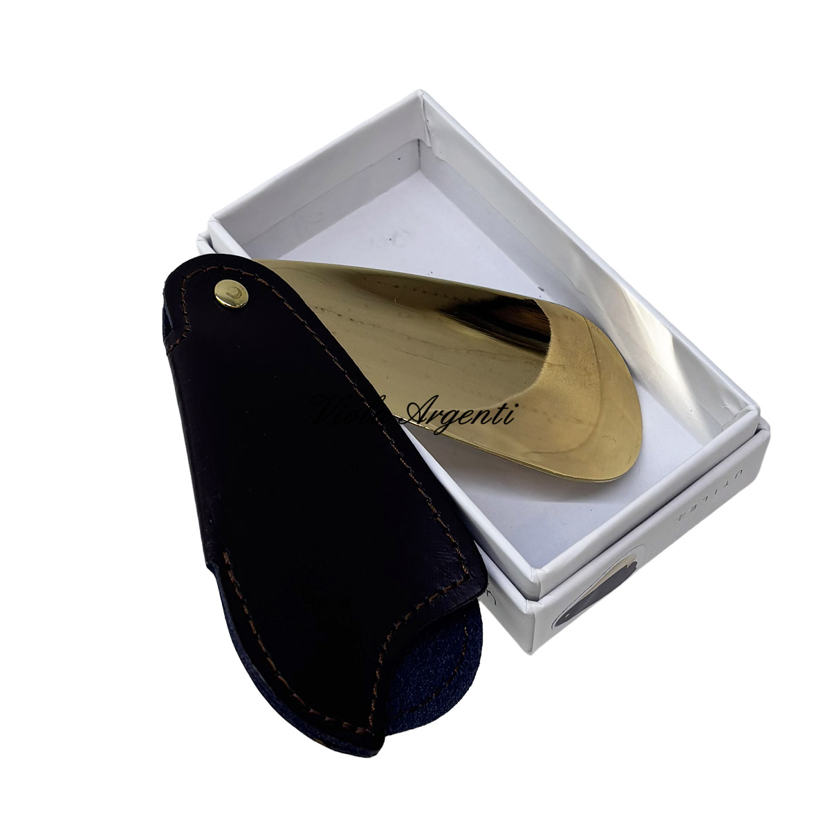Calzascarpe in metallo con custodia in vera pelle