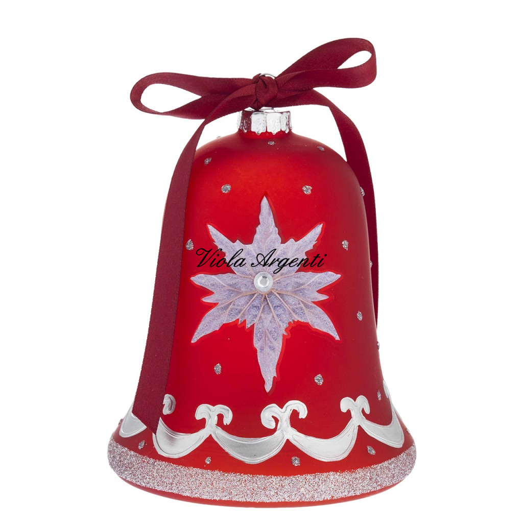 Red Glass Christmas Bell with LED Light and Silver Poinsettia Decoration