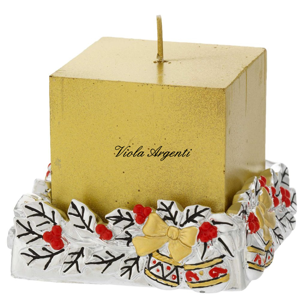 Gold Candle with Silver Resin Candle Holder – with Holly Decoration