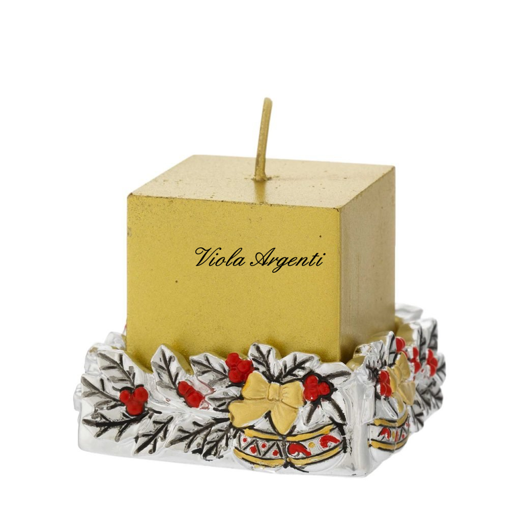 Gold Candle with Silver Resin Candle Holder – with Holly Decoration