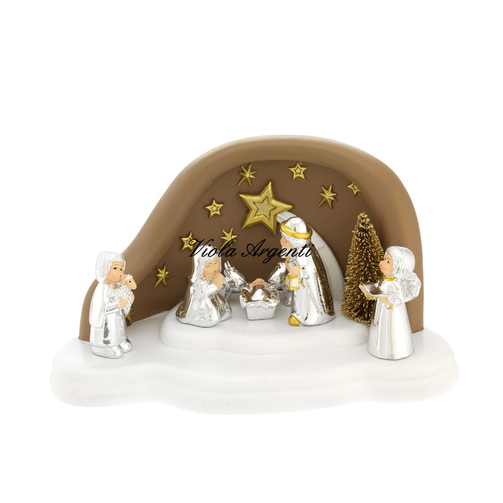 Nativity Scene with 7 Movable Silver Resin Figures and LED-Lit Stable