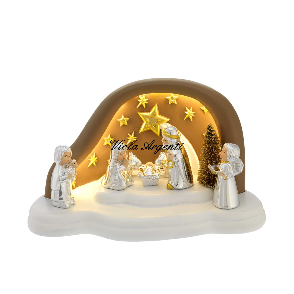 Nativity Scene with 7 Movable Silver Resin Figures and LED-Lit Stable