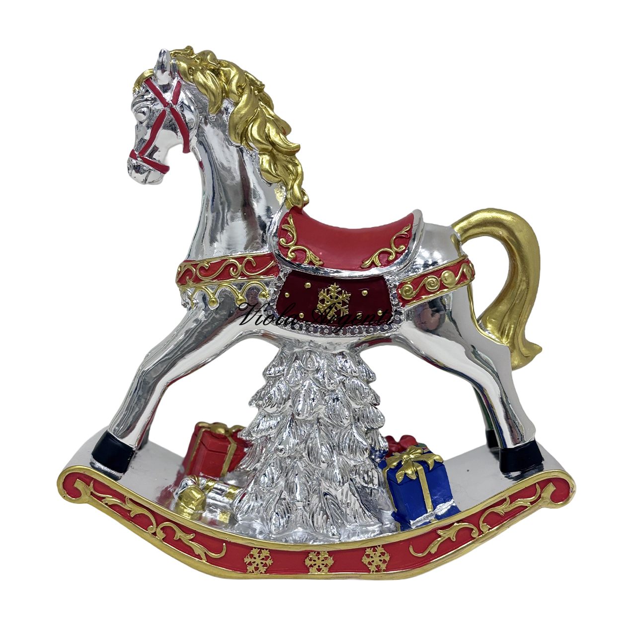 Silver-Plated Musical Christmas Rocking Horse with Tree and Gift Packages