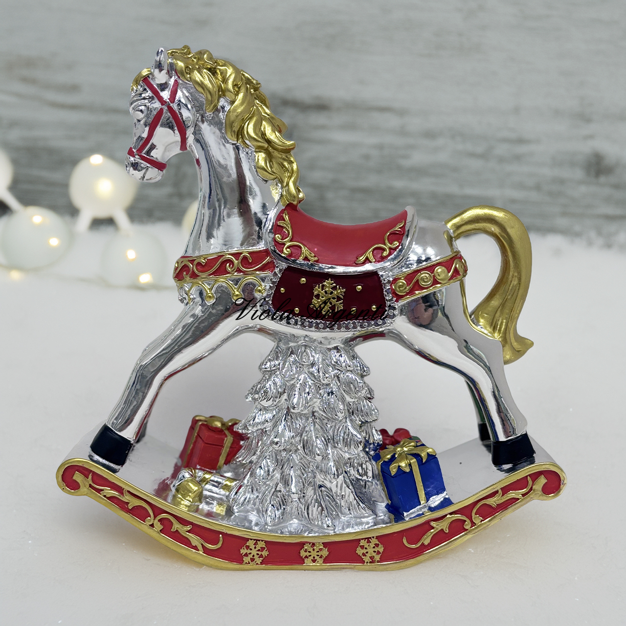 Silver-Plated Musical Christmas Rocking Horse with Tree and Gift Packages