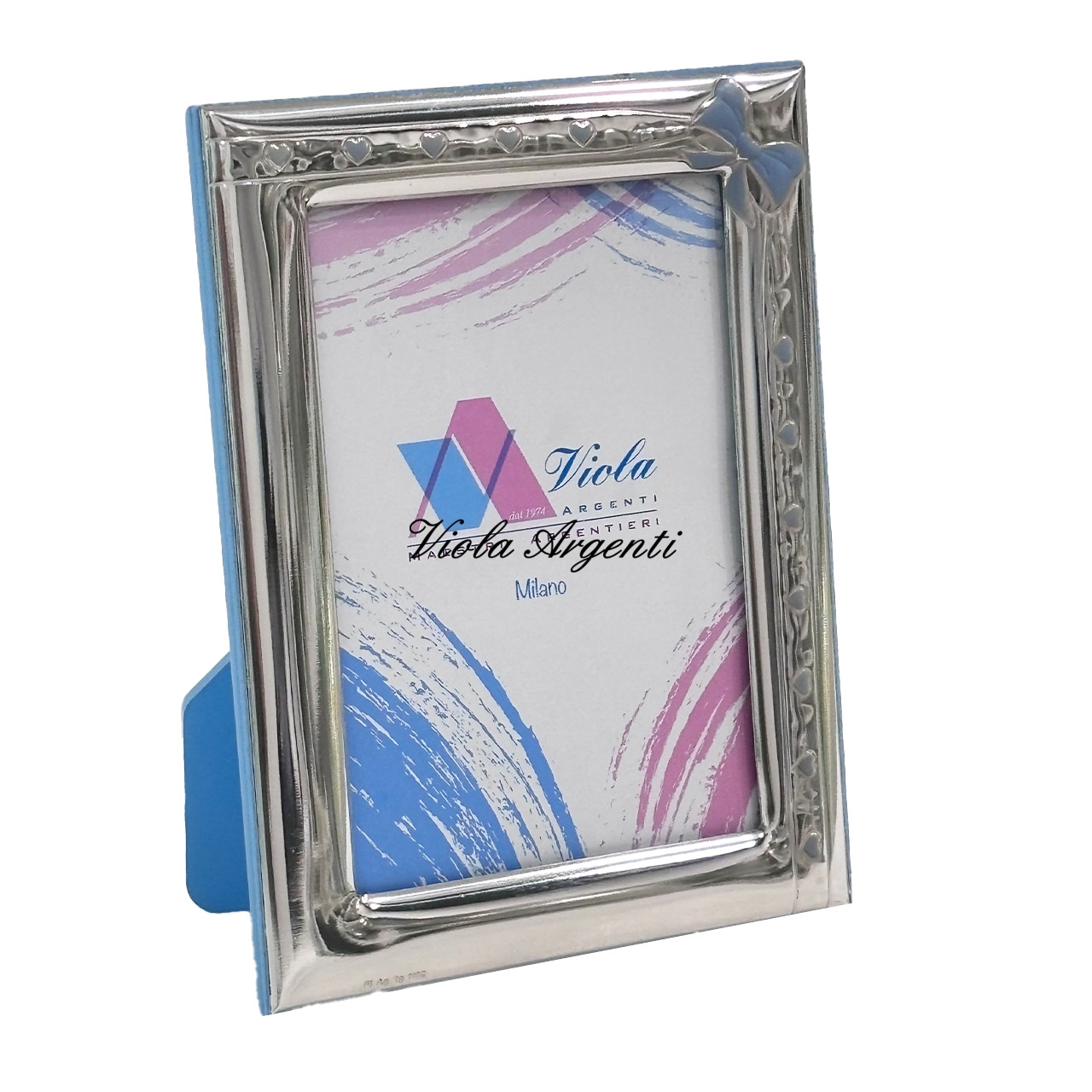 Photo frame with bow and blue hearts