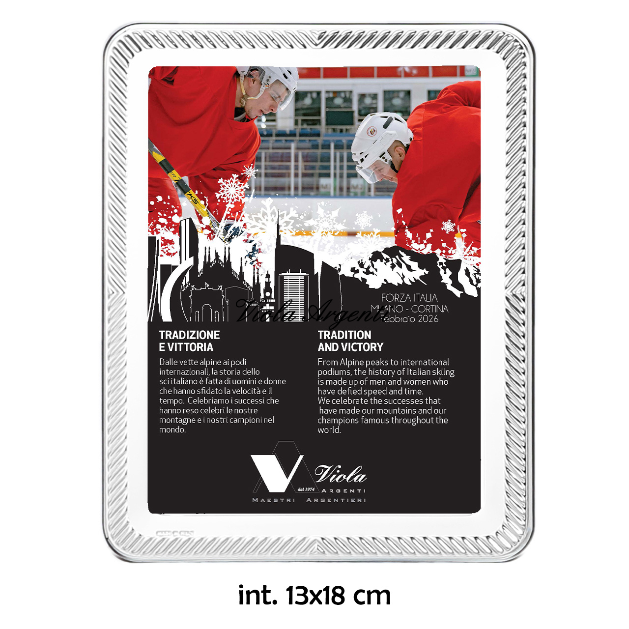 Cornice in argento 999 liscia e bordo a righe diagonali