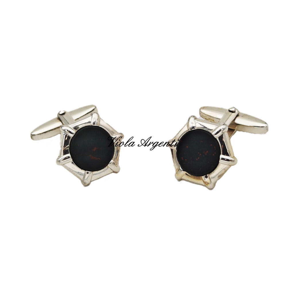 Hexagonal silver cufflinks with hard stone