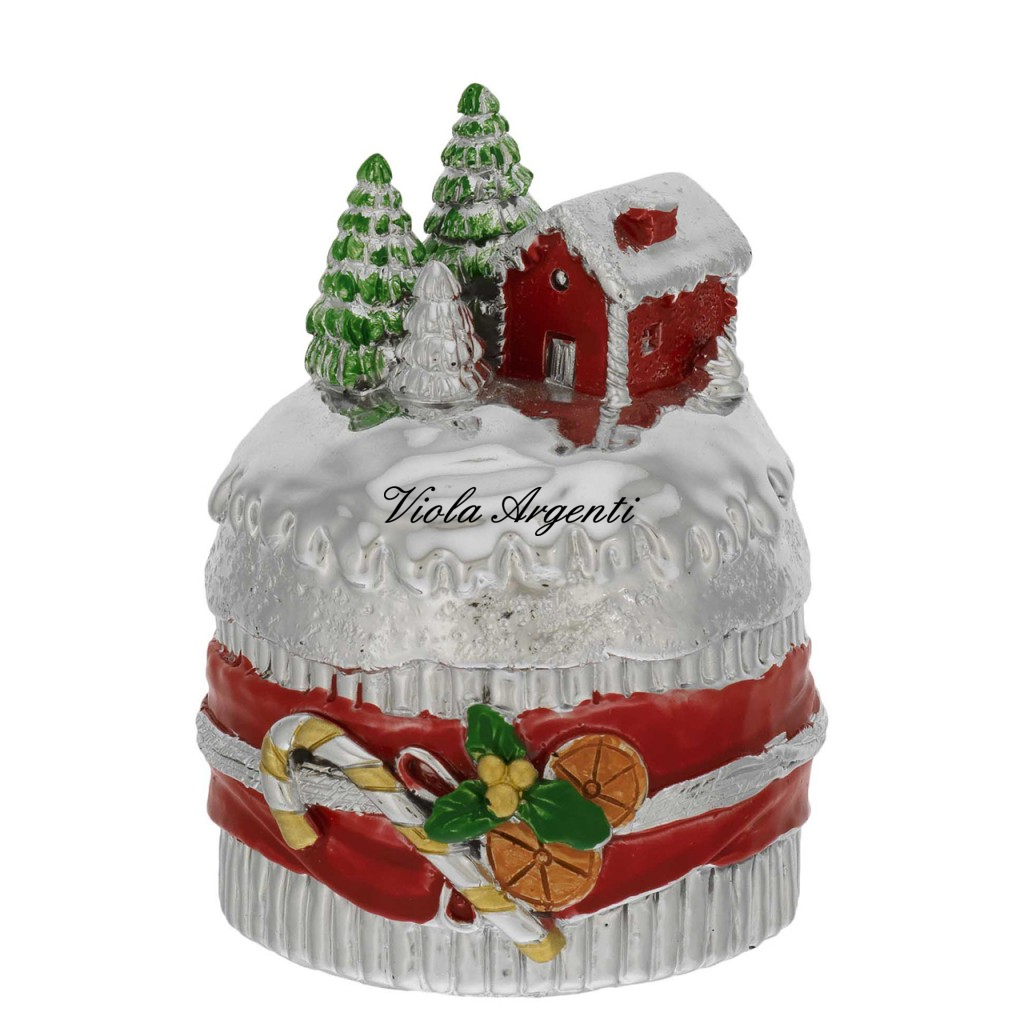 Mini Silver Resin Panettone with Christmas Decoration - silver red house and trees