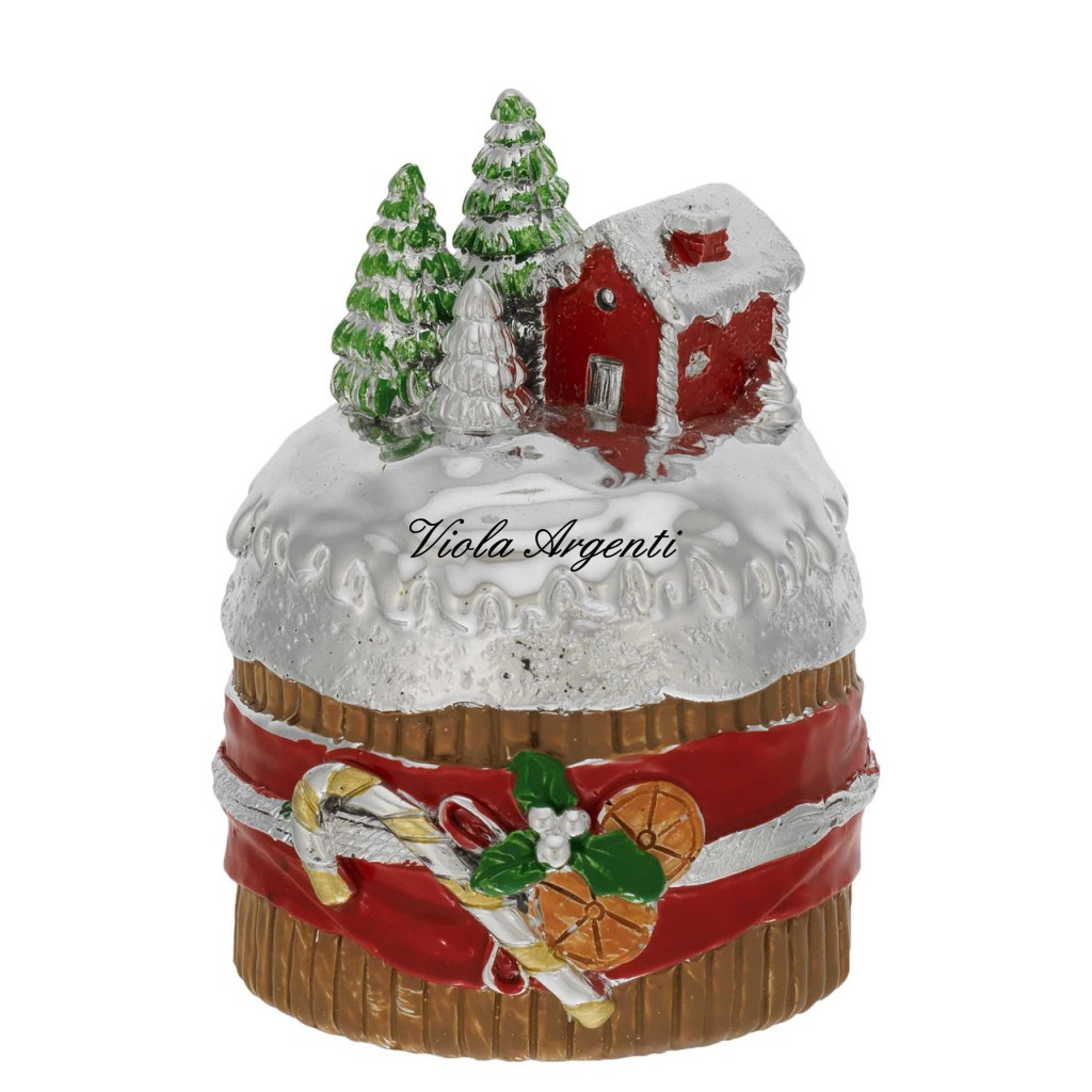 Mini Silver Resin Panettone with Christmas Decoration - trees and red house