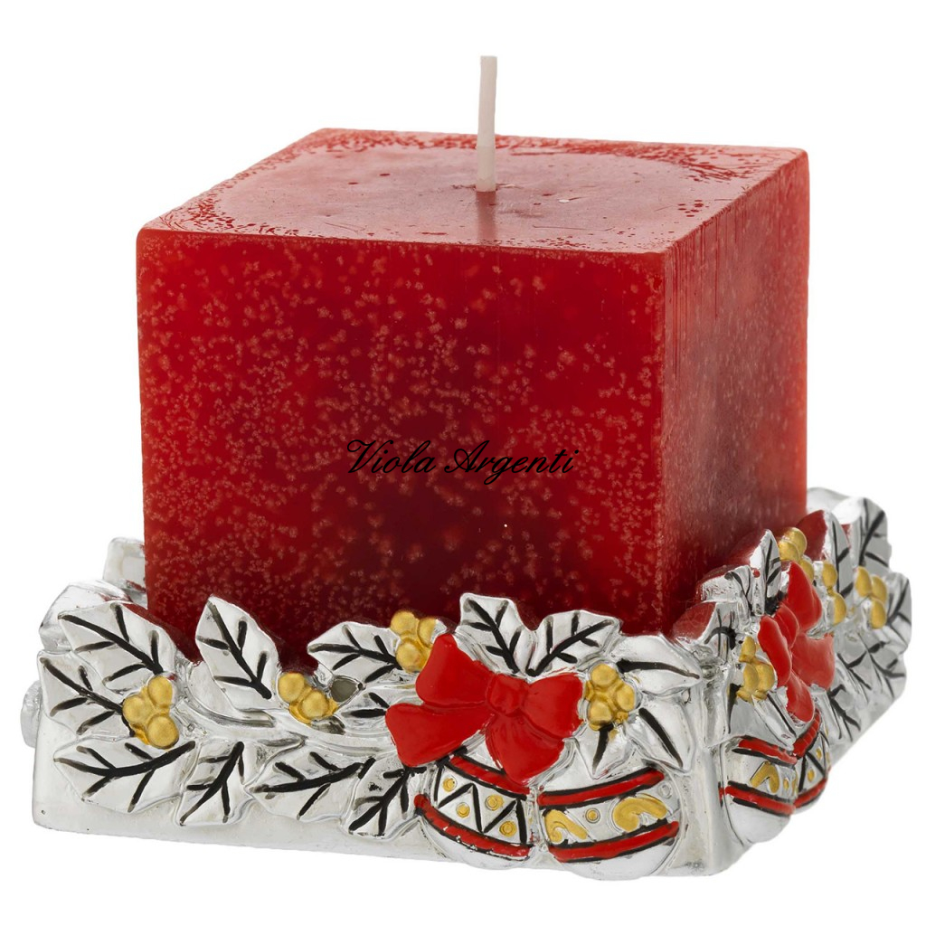 Red Candle with Silver Resin Candle Holder – with Holly Decoration