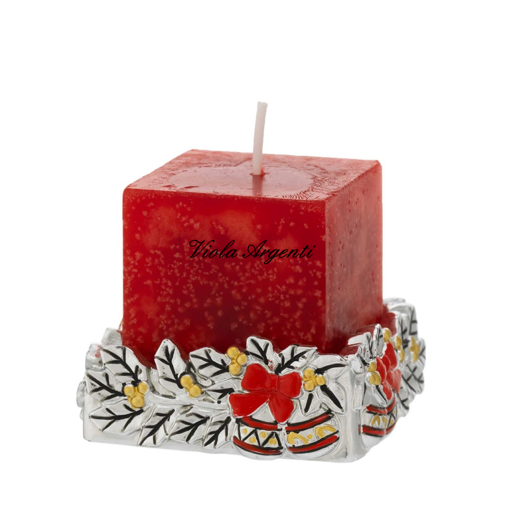 Red Candle with Silver Resin Candle Holder – with Holly Decoration