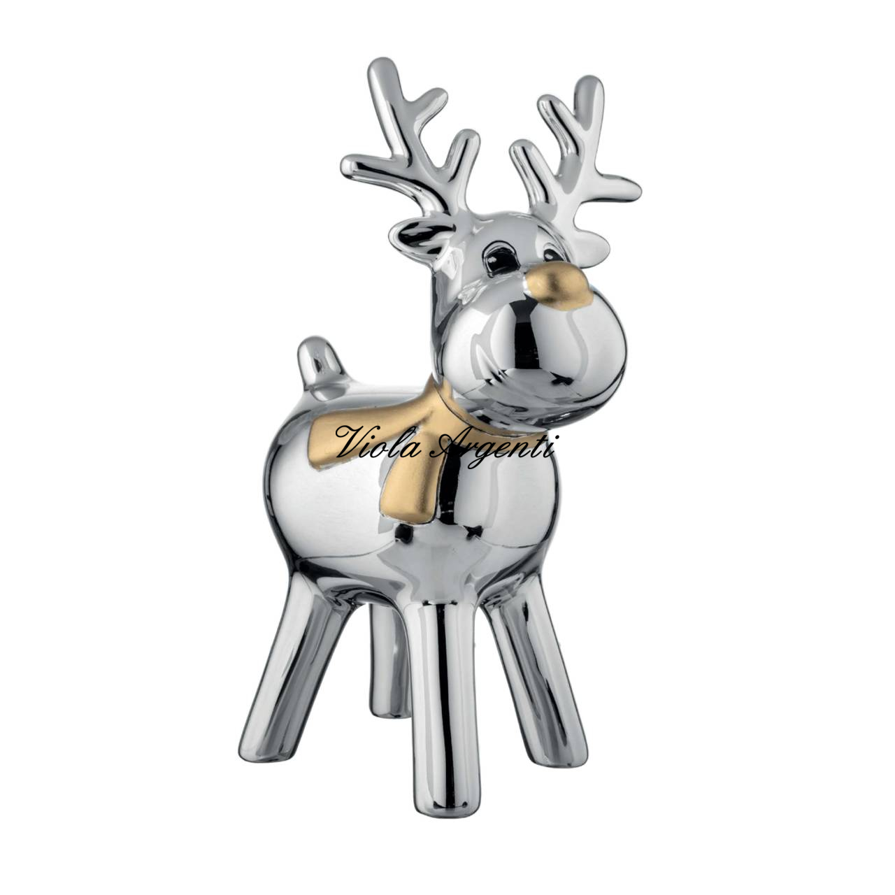 Scultura in Resina Argentata a Forma di Renna con Sciarpa colore oro