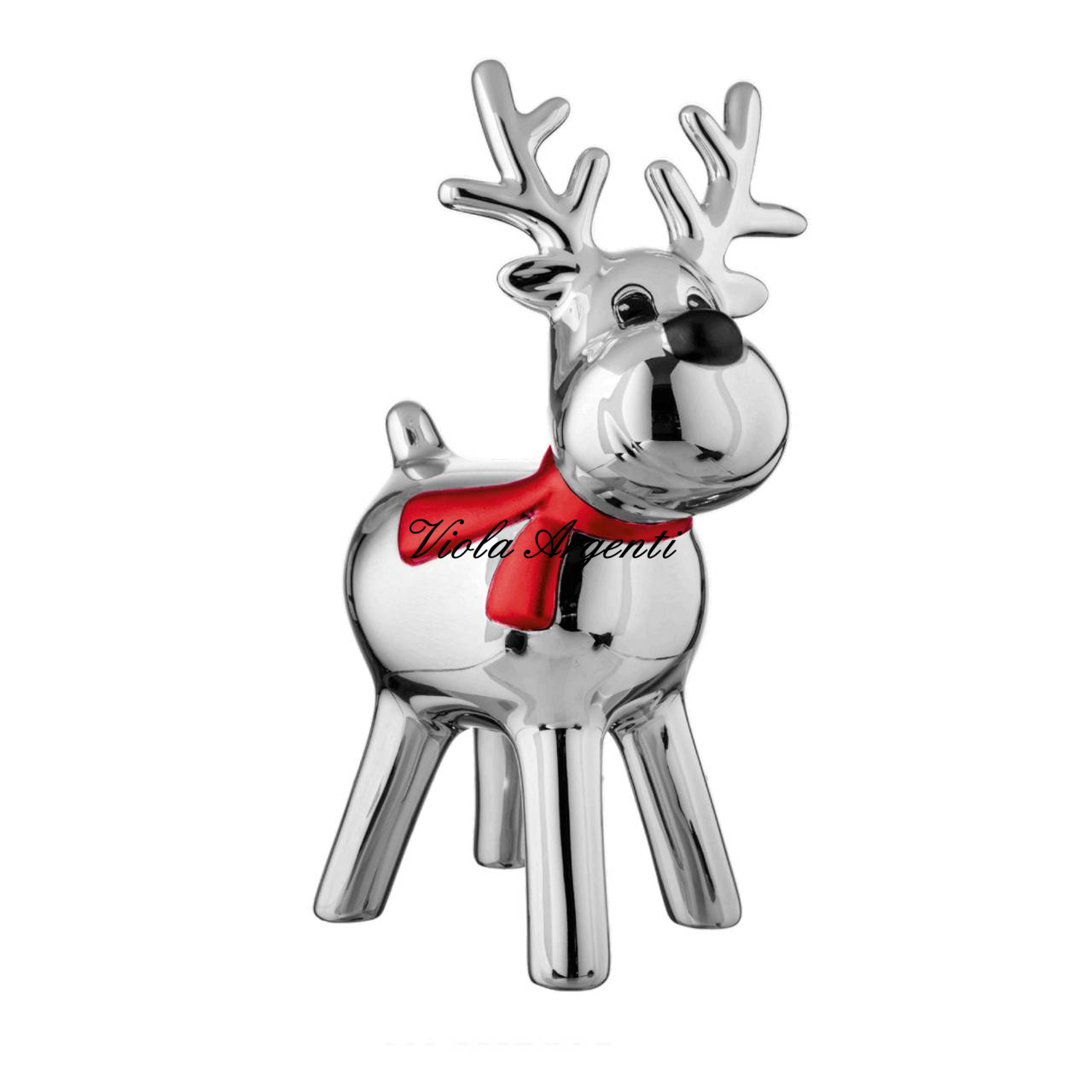 Scultura in Resina Argentata a Forma di Renna con Sciarpa rossa