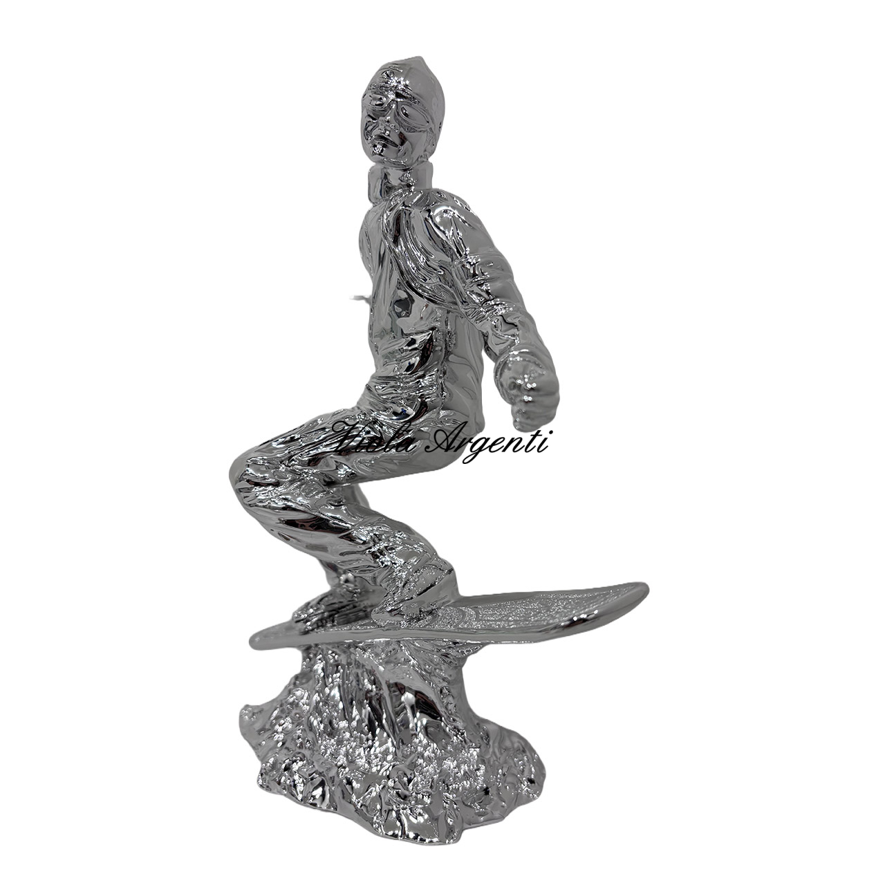 Scultura Atleta Snowboarder in Resina Argentata