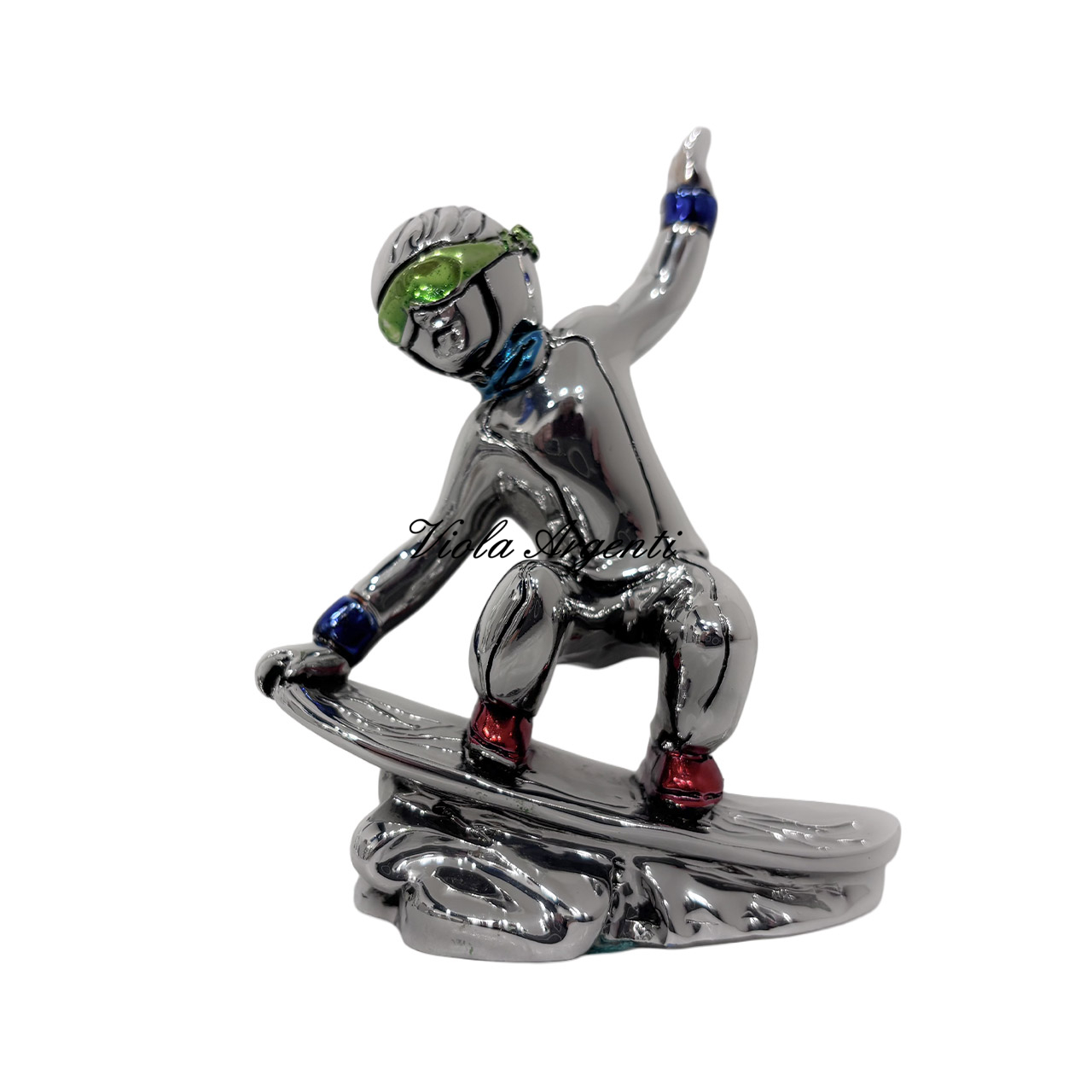 Snowboarder - scultura in resina argentata